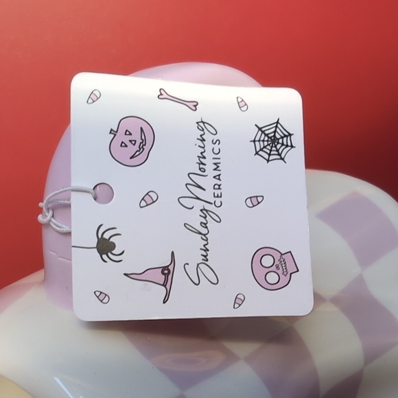 ❌SOLD❌Viral 🎥 Girl Ghost Pinkoween Sculpted Mug with Purple Check Pattern - Picture 6 of 6